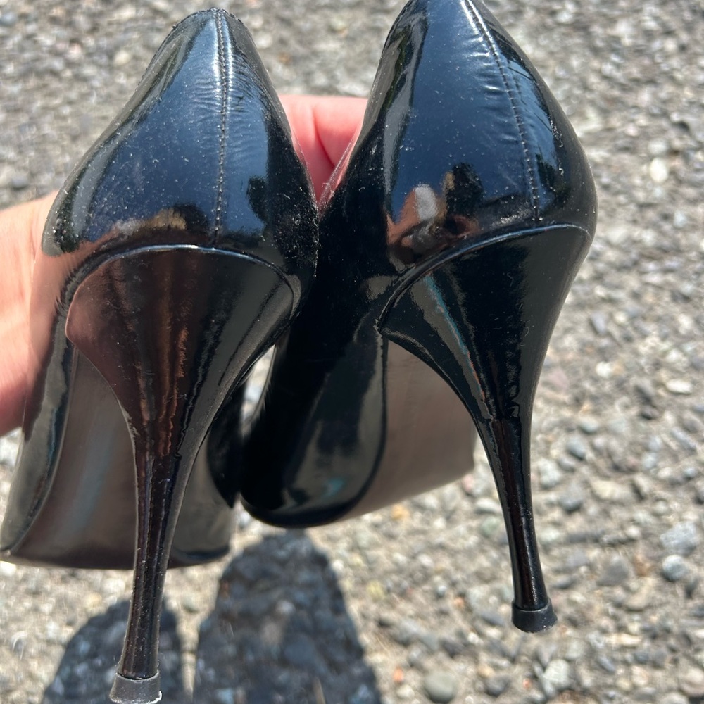 Stuart Weitzman Glossy Black Peep Toe Heels - Picture 3 of 7